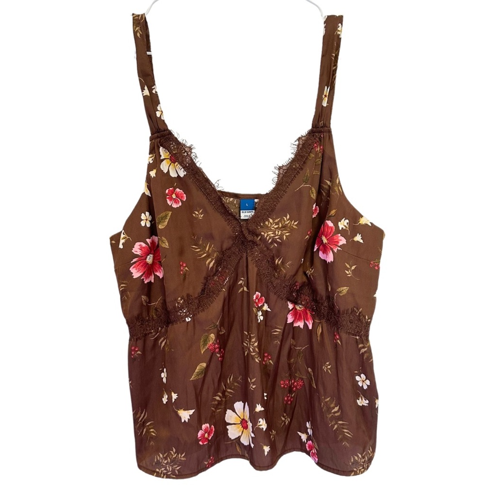 Old Navy Brown Floral Cami Lace Trim Cottagecore Satin Tank Top Spaghetti Strap